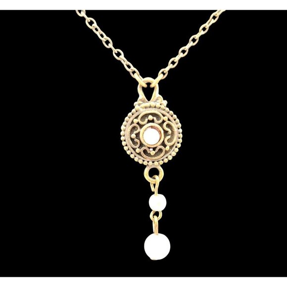 Vintage-Style Bronze Necklace Pink Pearl Accents & Ornate Central Pendant 16" - Picture 2 of 5